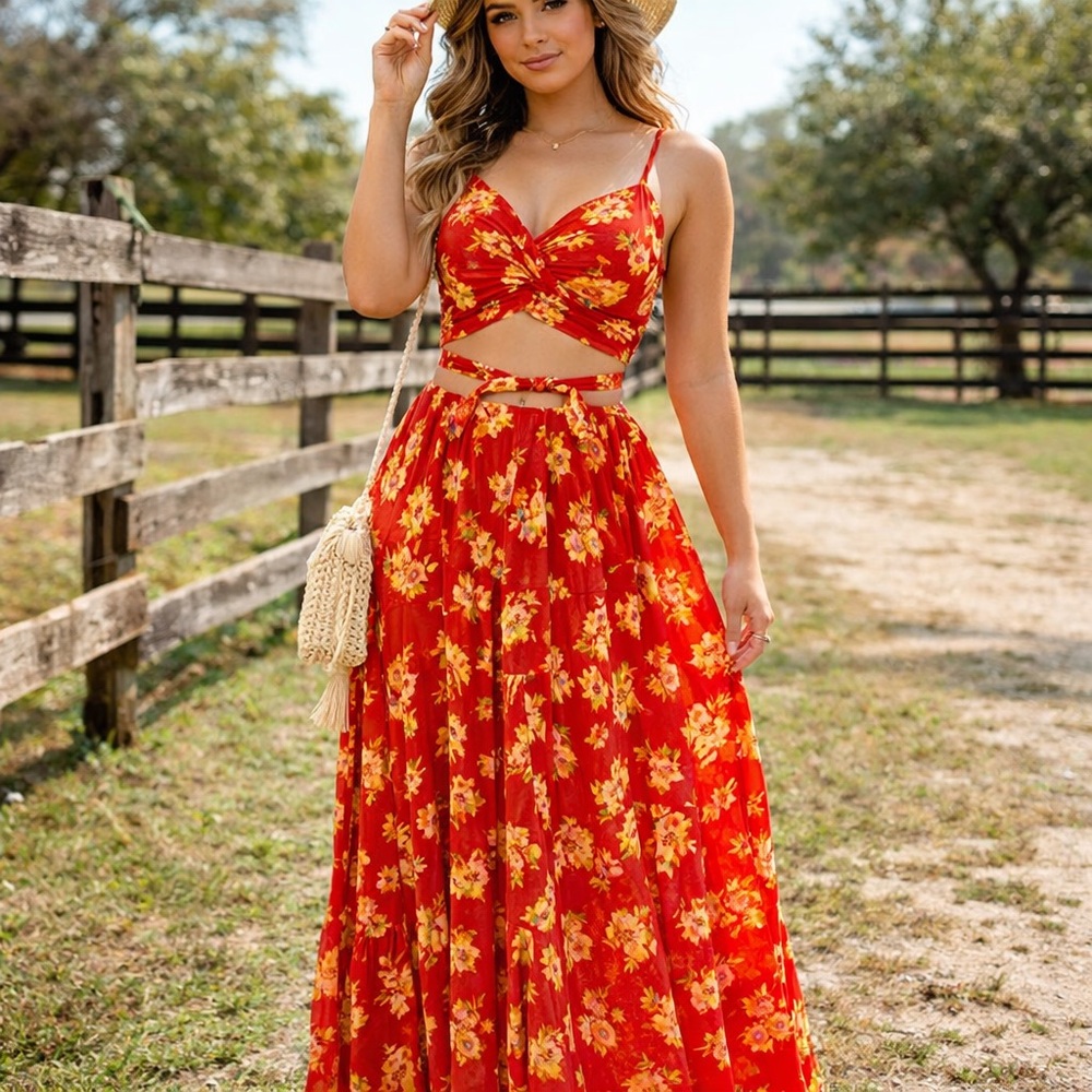 Luxxel 2 Piece Maxi Dress Rustic Charm: Red Floral Maxi Dress